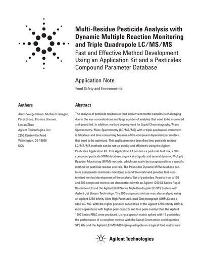 Agilent 6460 Series Triple Quadrupole LC/MS/MS Multi-Residue Pesticide Analysis Application Note - cover page