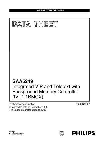 PHILIPS SAA5249 Integrated VIP Teletext with Background Memory Controller (IVT1.1BMCX) handbook - cover page