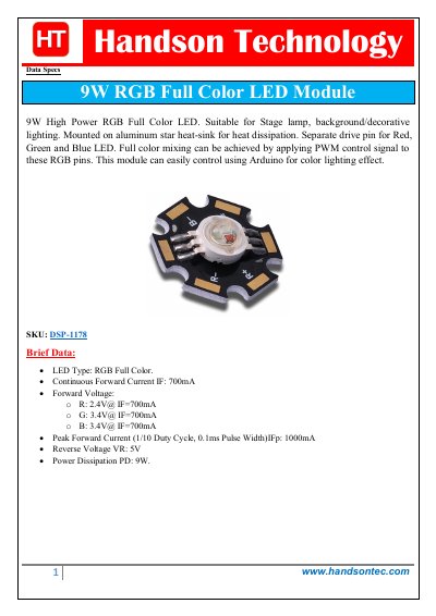 Handson Technology DSP-1178 / JH-9 RGB14G45-S2A 9W RGB Full Color LED Module Datasheet