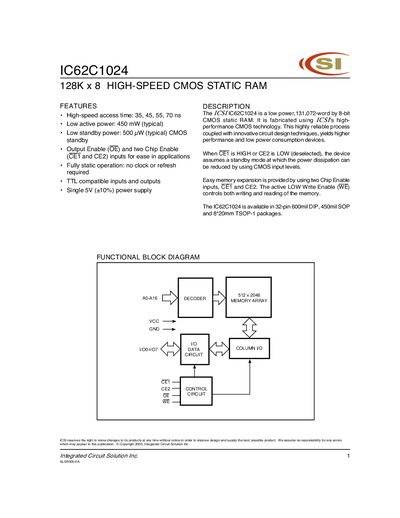 Integrated Circuit Solution IC62C1024 Datasheet - cover page