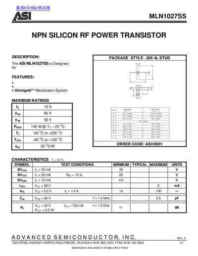 ASI MLN1027SS NPN Silicon RF Power Transistor Datasheet - cover page