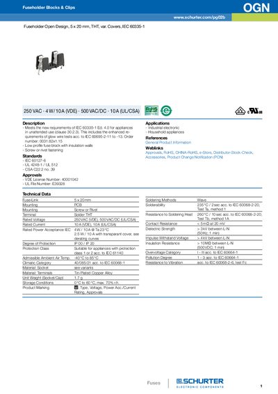 SCHURTER Fuseholder Open Design 5 x 20 mm THT var. Covers IEC 60335-1 handbook - cover page