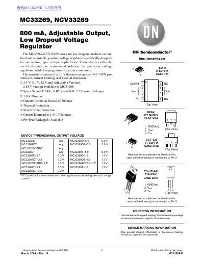 MC33269/NCV33269 800 mA Adjustable Output Low Dropout Voltage Regulator Datasheet - cover page