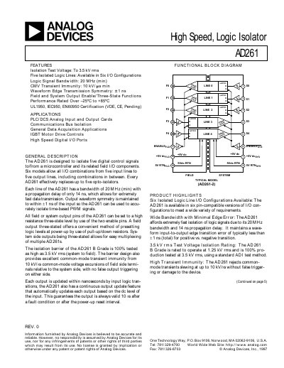 Analog Devices AD261 High Speed Logic Isolator Datasheet - cover page