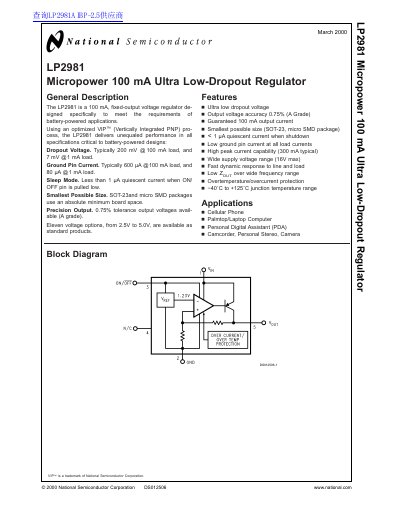 National Semiconductor LP2981 Micropower 100 mA Ultra Low‑Dropout Regulator Datasheet - cover page