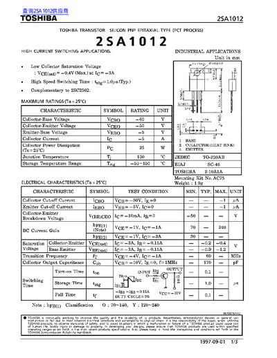 Toshiba 2SA1012 Datasheet - cover page