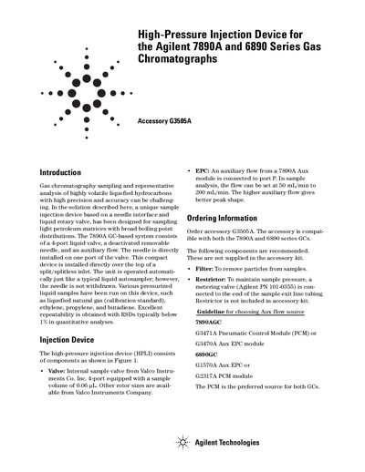 Agilent High-Pressure Injection Device for the Agilent 7890A 6890 Series Gas Chromatographs Manual - cover page
