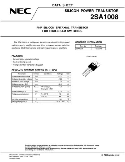 NEC 2SA1008 Silicon Power Transistor Datasheet - cover page