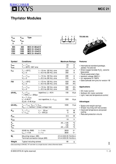 IXYS MCC 21 Thyristor Modules Datasheet - cover page