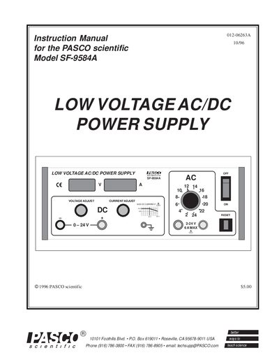 PASCO scientific SF-9584A Low Voltage AC/DC Power Supply Instruction Manual - cover page