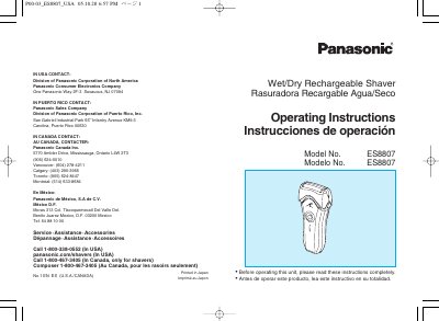 Panasonic ES8807 Wet/Dry Rechargeable Shaver Operating Instructions - cover page