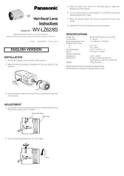 Panasonic WV-LZ62/8S Vari-focal Lens Installation Manual - cover page
