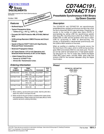 TEXAS INSTRUMENTS CD74AC191 CD74ACT191 Presettable Synchronous 4-Bit Binary Up/Down Counter handbook - cover page