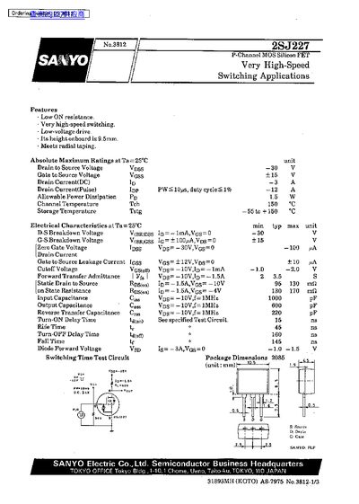 SANYO 2SJ227 P-Channel MOSFET Datasheet - cover page