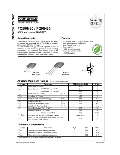 Fairchild Semiconductor FQB6N80/FQI6N80 800V N-Channel MOSFET Datasheet - cover page