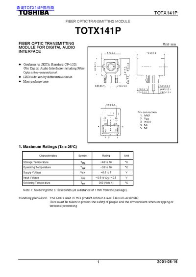 Toshiba TOTX141P Fiber Optic Transmitting Module Handbook