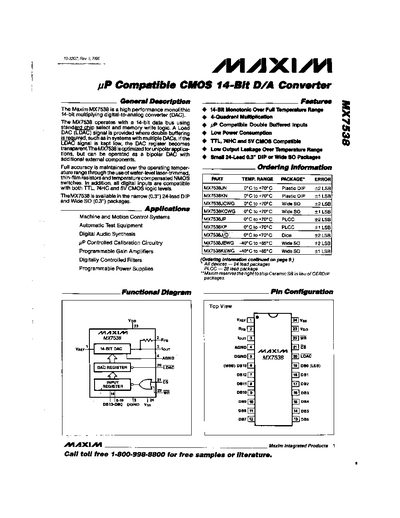 Maxim MX7538 HP Compatible CMOS 14-Bit D/A Converter Data Sheet - cover page