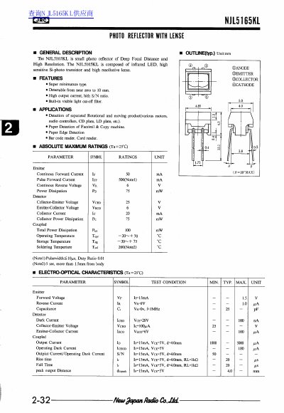 New Japan Radio NJL5165KL Photo Reflector Datasheet - cover page