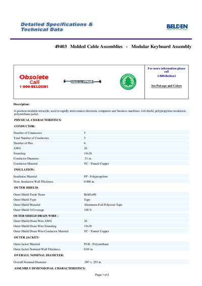 Belden 49403 Molded Cable Assemblies - Modular Keyboard Assembly Product Disclosure - cover page