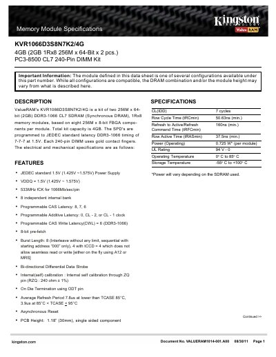 ValueRAM KVR1066D3S8N7K2/4G DDR3 Memory Module Datasheet - cover page