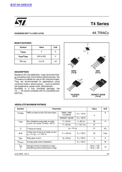 STMicroelectronics T4 Series 4A TRIAC Datasheet - cover page