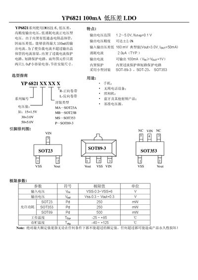 YP6821 100mA Low Differential Pressure LDO Datasheet - cover page