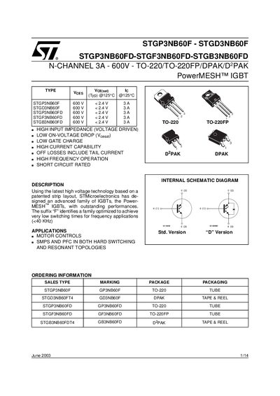 STMicroelectronics STGP3NB60F / STGD3NB60F IGBT Datasheet - cover page