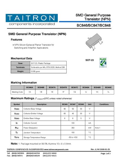 TAITRON BC846/BC847/BC848 SMD General Purpose Transistor (NPN) Datasheet - cover page