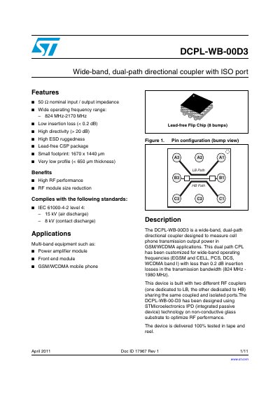 STMicroelectronics DCPL-WB-00D3 Wide-band Dual-path Directional Coupler Datasheet