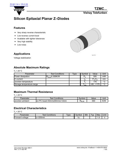 Vishay TZMC Series Silicon Epitaxial Planar Z-Diodes Datasheet - cover page