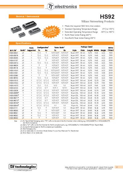 TT Electronics HS92 10Base Networking Products Selector Guide - cover page