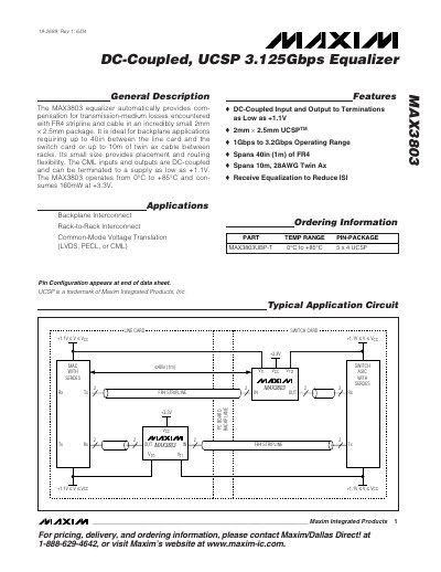 Maxim MAX3803 DC‑Coupled UCSP 3.125Gbps Equalizer Datasheet - cover page