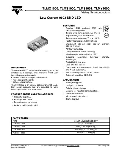 Vishay TLMO1000 TLMS1000 TLMS1001 TLMY1000 0603 SMD LED Datasheet - cover page