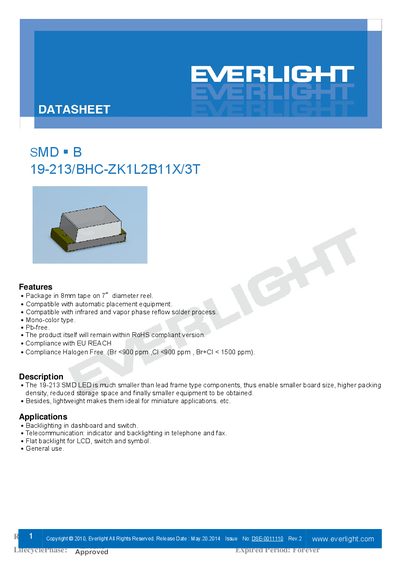 Everlight B 19-213/BHC-ZK1L2B11X/3T SMD LED Datasheet - cover page