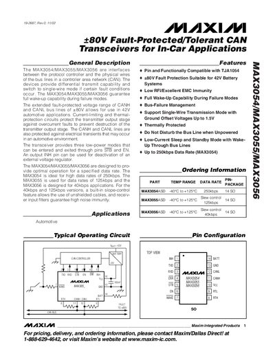Maxim MAX3054/MAX3055/MAX3056 CAN Transceiver Datasheet - cover page