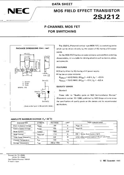 NEC 2SJ212 P-Channel MOS FET Datasheet - cover page