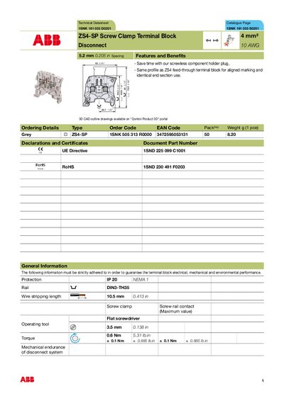 ABB ZS4-SP Screw Clamp Terminal Block Technical Datasheet - cover page