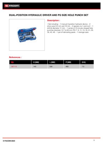 FACOM 587110 Dual-Position Hydraulic Driver and PG Size Hole Punch Set Product Leaflet - cover page