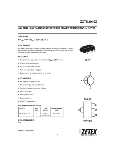 Zetex ZXTN2010Z NPN Transistor Datasheet - cover page