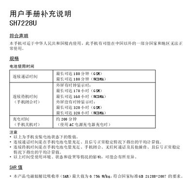 SH7228U Phone User Manual Supplement - cover page