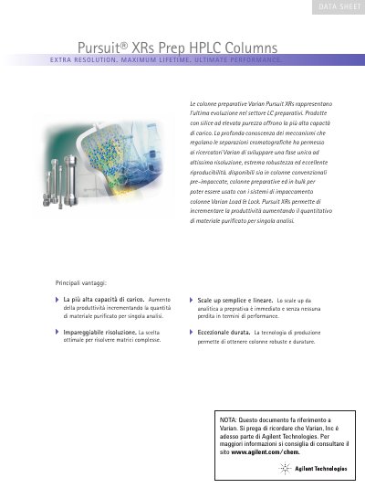Varian Pursuit XRs Prep LC Column Product Leaflet - cover page