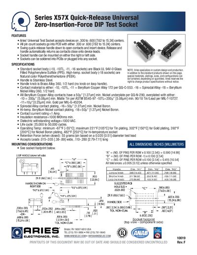 Aries X57X Quick-Release Universal Test Socket Product Leaflet - cover page