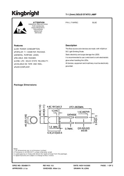 KINGBRIGHT T-1 (3mm) SOLID STATE LAMP P/N: L-7104PBC BLUE  - cover page