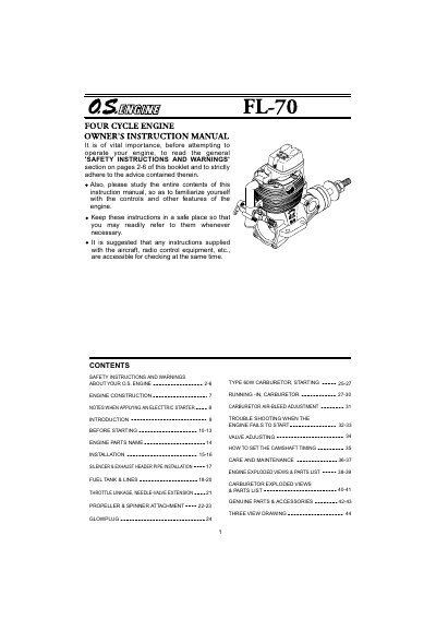 O.S. FL-70 Four Cycle Engine Owner's Instruction Manual - cover page