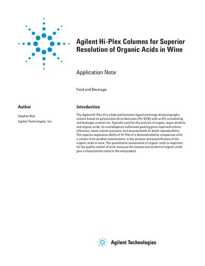 Agilent Hi-Plex H Column Application Note for Organic Acids in Wine - cover page