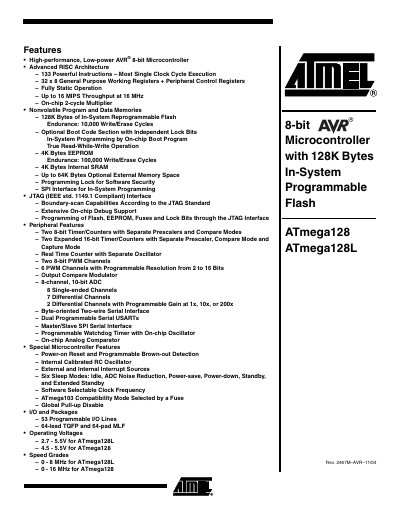 Atmel ATmega128/ATmega128L Microcontroller Datasheet - cover page