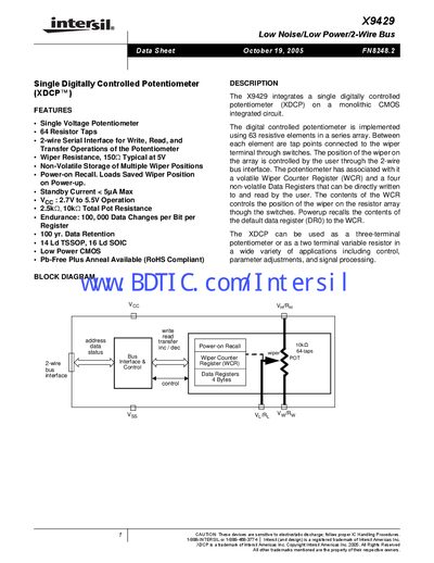 Intersil X9429 Digitally Controlled Potentiometer Data Sheet - cover page