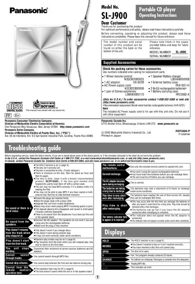 Panasonic SL-J900 Portable CD Player Operating Instructions - cover page