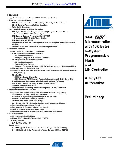 Atmel ATtiny167 8‑Bit AVR Microcontroller Datasheet