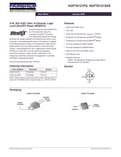 Fairchild Semiconductor HUF76121P3/HUF76121S3S N-Channel Power MOSFET Datasheet - cover page